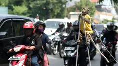 Seekor monyet melakukan atraksi di jalur Pantura Brebes, Jawa Tengah, Kamis (22/6). Kehadiran atraksi topeng monyet ini menjadi salah satu hiburan para pemudik yang hendak mudik ke kampung halamannya. (Liputan6.com/Gempur M Surya)