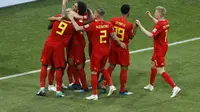 Para pemain Timnas Belgia merayakan gol ke gawang Panama pada laga penyisihan Grup G Piala Dunia 2018, Senin (18/6/2018).  (AP Photo/Victor R. Caivano)