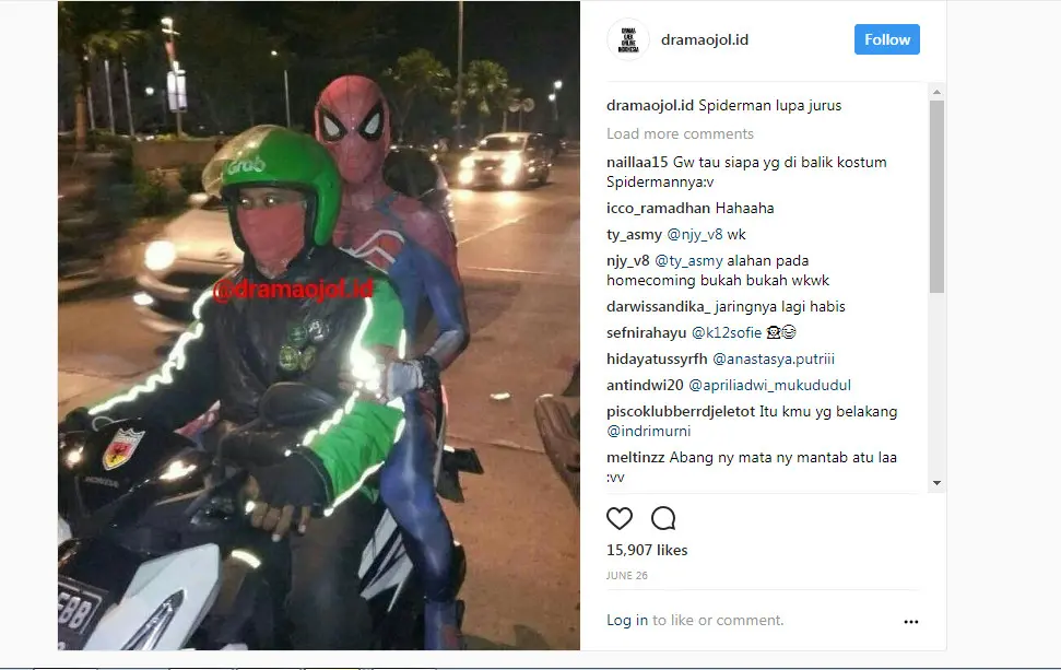 Ojek online mengangkut Spider-Man (Sumber: Instagram/ @dramaojol.id)