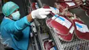 Petugas menata kantong darah di Unit Transfusi Darah (UTD) PMI Provinsi DKI Jakarta, Kamis (28/1). PMI mengantisipasi kenaikan permintaan kebutuhan darah akibat mewabahnya penyakit Demam Berdarah Dengue (DBD) di Jabodetabek. (Liputan6.com/Gempur M Surya)