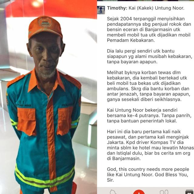 Kakek Untung menjadi pemadam kebakaran tanpa upah | Photo: Copyright twitter.com/@TimMarbun