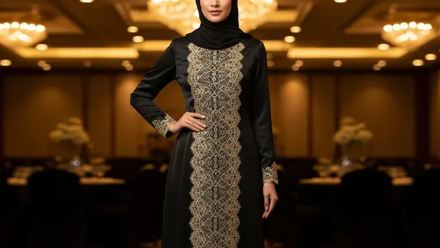 Gamis Brokat Hitam dengan Brokat di Bagian Tengah