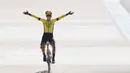 Pembalap Team Visma-Lease, Pauline Ferrand-Prevot melakukan selebrasi saat memenangkan Paris Roubaix Femmes 2025 pada Sabtu (12/04/2025) waktu setempat. Perlombaan tersebut menempuh 148,5 km dari Denain hingga Roubaix, Prancis. (AP Photo/Thibault Camus)