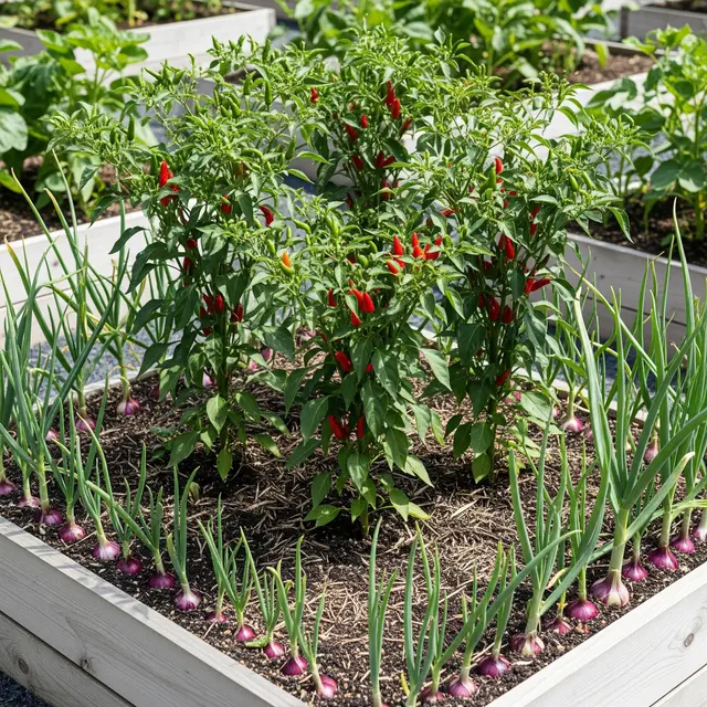 Desain Kebun Cabai Rawit Kombinasi Bawang Putih dan Bawang Merah (AI)