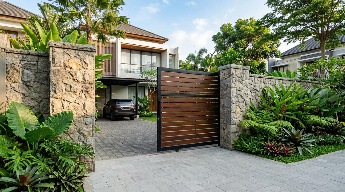 Model Pintu Gerbang Rumah dengan Tanaman Hijau (AI Generated)
