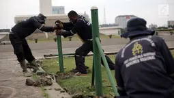 Petugas Unit Pengelola Kawasan (UPK) Monas mencabut pagar pembatas rumput di dalam kawasan Monas, Jakarta, Jumat (11/1). Langkah ini dilakukan Pemprov DKI untuk memberi akses kepada warga agar bisa memanfaatkan taman di sana. (Liputan6.com/Arya Manggala)