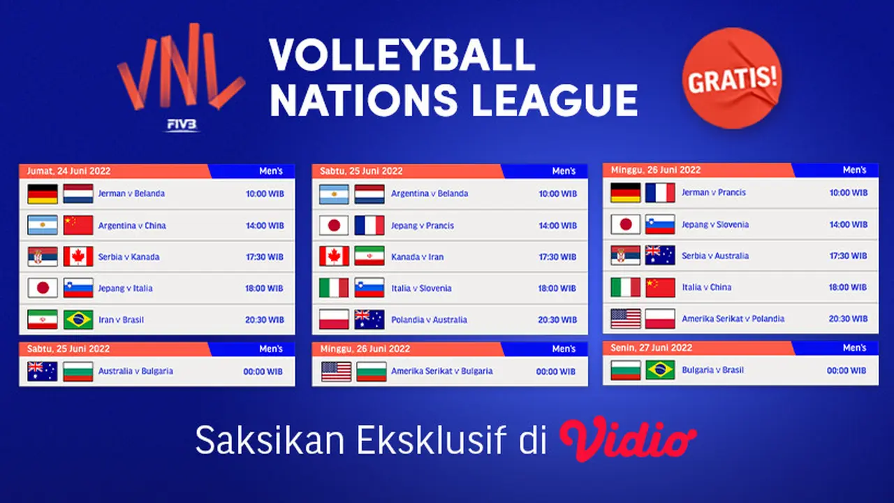 Nonton Keseruan Streaming Men’s Volleyball Nations League 24-26 Juni Live Vidio