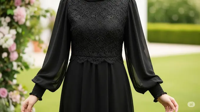 Gamis Brokat Hitam Lengan Balon
