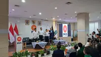 Partai Keadilan Sejahtera (PKS) menyambut kedatangan jajaran DPP Partai Kebangkitan Bangsa (PKB) dan NasDem bersama pasangan Anies Baswedan dan Muhaimin Iskandar (Cak Imin) di DPP PKS. (Liputan6.com/Winda Nelfira)