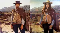 Virgina Eastwood sebagai koboi di film The Good, the Bad and the Ugly. Foto: Felice House (kanan) & Produzioni Europee Associati (kiri).