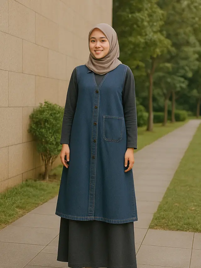 Gamis Rompi Denim untuk Look Kasual Aktif (Foto: Rizka Nur Laily via ChatGPT)