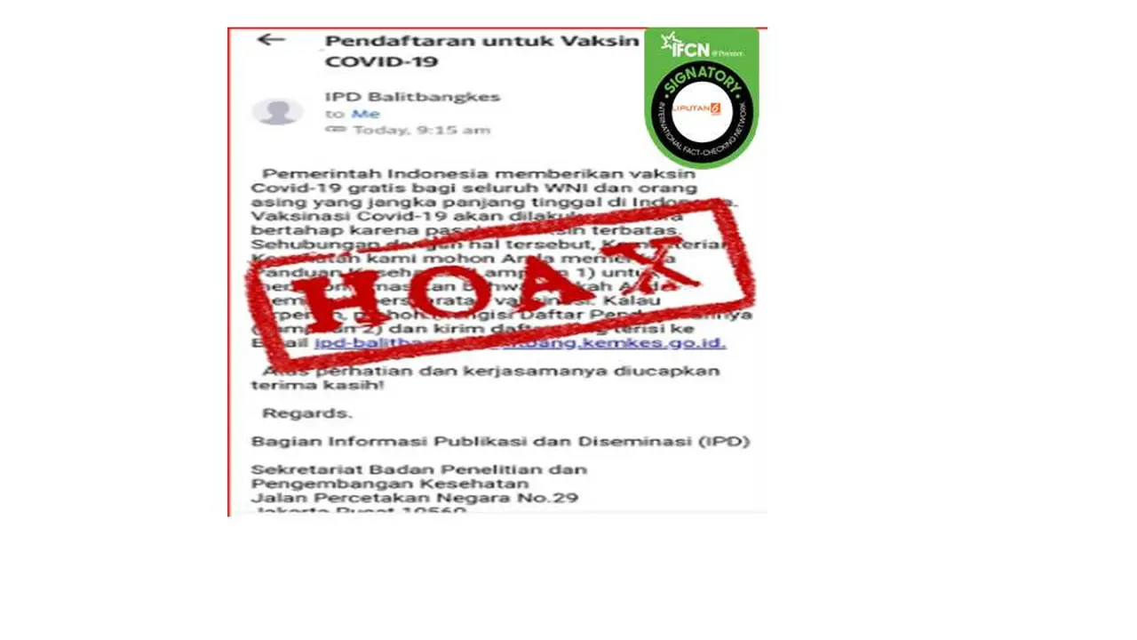 Cek Fakta email litbangkes pendaftaran vaksinasi covid-19