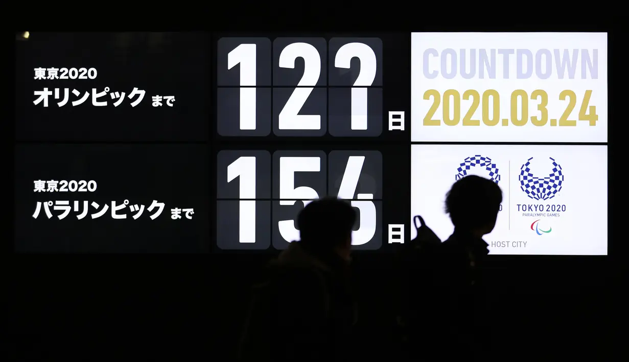 Olimpiade Tokyo 2020 Ditunda Setahun: Pejalan kaki melintasi layar hitung mundur untuk Olimpiade Tokyo 2020 di Distrik Shimbashi di Tokyo, 24 Maret 2020. Jepang dan Komite Olimpiade Internasional (IOC) telah sepakat untuk menunda gelaran Olimpiade dan Paralimpiade Tokyo hingga setahun. (Xinhua/Du Xi