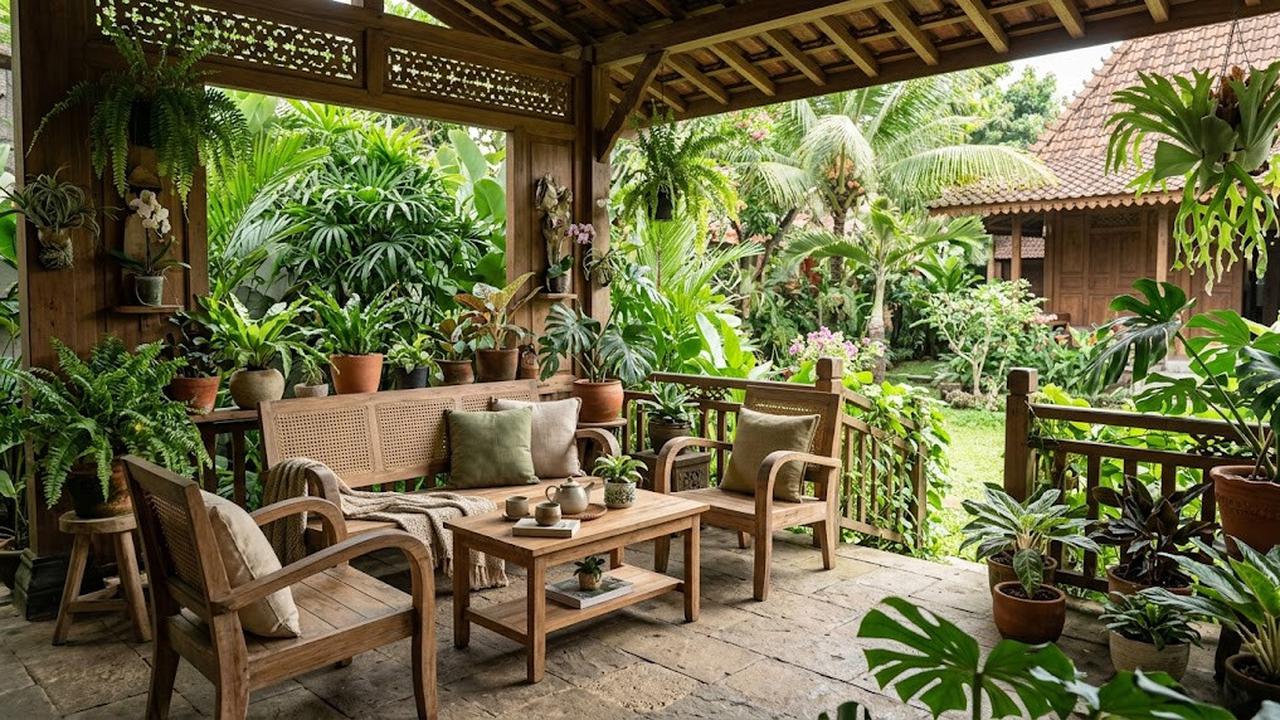 Model Teras Rumah dengan Kursi Kayu dan Tanaman Hijau/AI Generated