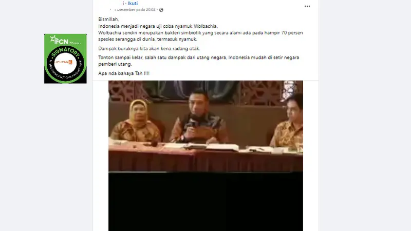 Tangkapan layar klaim nyamuk Wolbachia menyebabkan radang otak