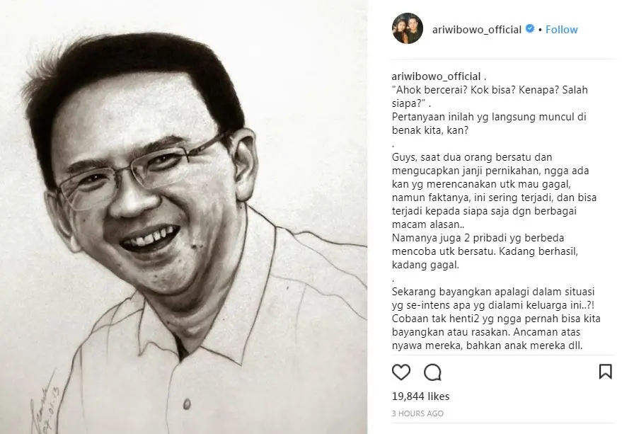 Ari Wibowo mengajak publik untuk mendoakan agar rumah tangga Ahok rukun kembali (Instagram/@ariwibowo_official)