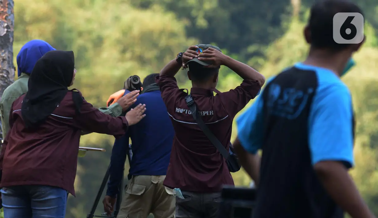 Petugas Pusat Suaka Elang Jawa (PSSEJ) memonitor pergerakan burung elang lainnya melalui kamera DSLR di area pelepasan burung Elang Brontok (Nisaetus Cirrhatus). (merdeka.com/Imam Buhori)