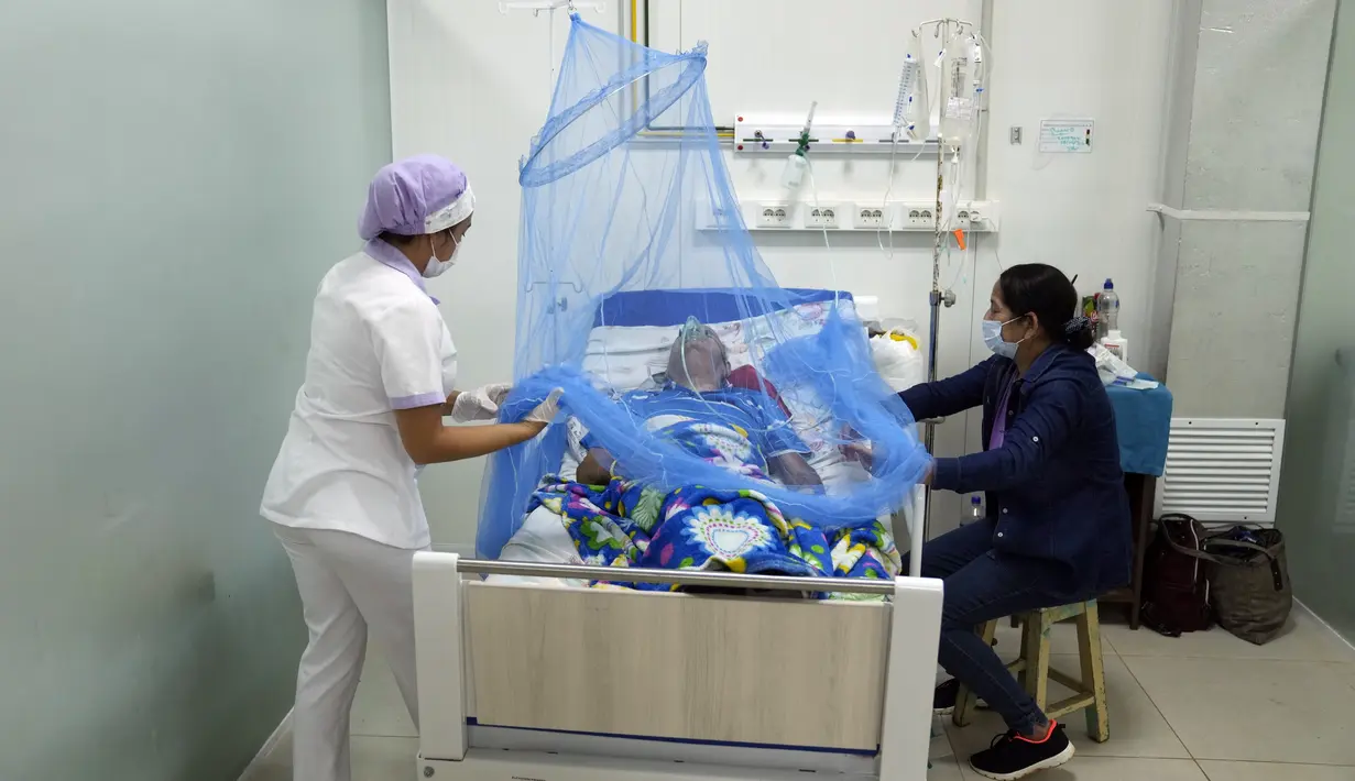 Seorang perawat memasang kelambu pada pasien yang terinfeksi chikungunya di Rumah Sakit Clinicas di San Lorenzo, Paraguay, Jumat (3/3/2023). Masa inkubasi pada orang yang terinfeksi biasanya 3 sampai 7 hari, dan gejala yang paling umum adalah demam akut dan nyeri sendi. (AP Photo/Jorge Saenz)
