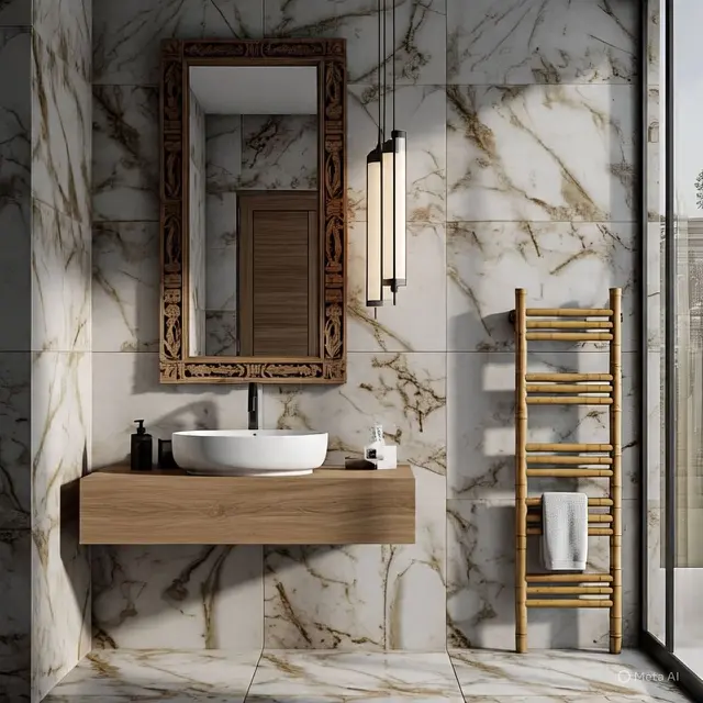 Kombinasi Keramik Marmer dan Motif Kayu