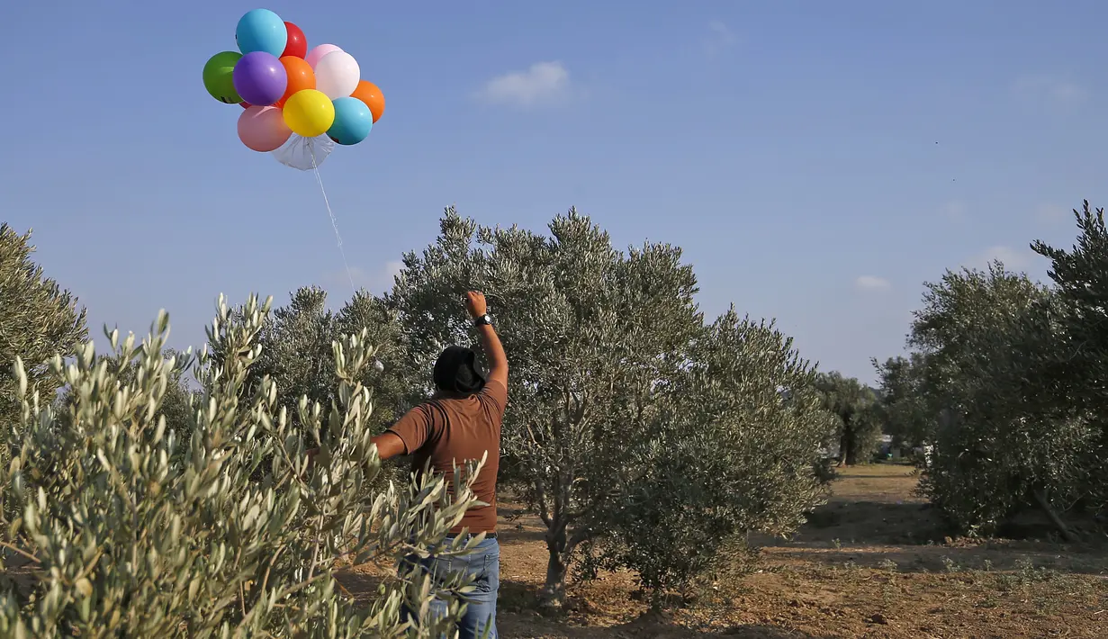 Seorang pria Palestina melepaskan balon dengan alat peledak ke arah Israel di sepanjang perbatasan Israel-Gaza (12/8/2020). Imbas gempuran balon api, Israel melancarkan serangan balasan yang menyasar pertahanan Hamas serta menghentikan pasokan bahan bakar ke Jalur Gaza. (AFP Photo/Mohammed Abed)