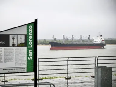 Pemandangan kapal curah Ina-Lotte berbendera Liberia yang berlabuh di dekat pelabuhan San Lorenzo di provinsi Santa Fe, Argentina, Rabu (21/8/2024). (STRINGER / AFP)