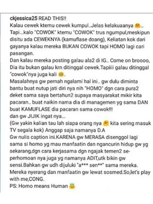 Ungkapan kemarahan Chika yang di unggah oleh akun lambe_turrah. Meski tidak menyebutkan siapa inisial lelaki tersebut, tapi seperti diketahui kalau Chika pernah bertahun-tahun pacaran dengan Dwi Andhika. (Instagram/ckjessica25)