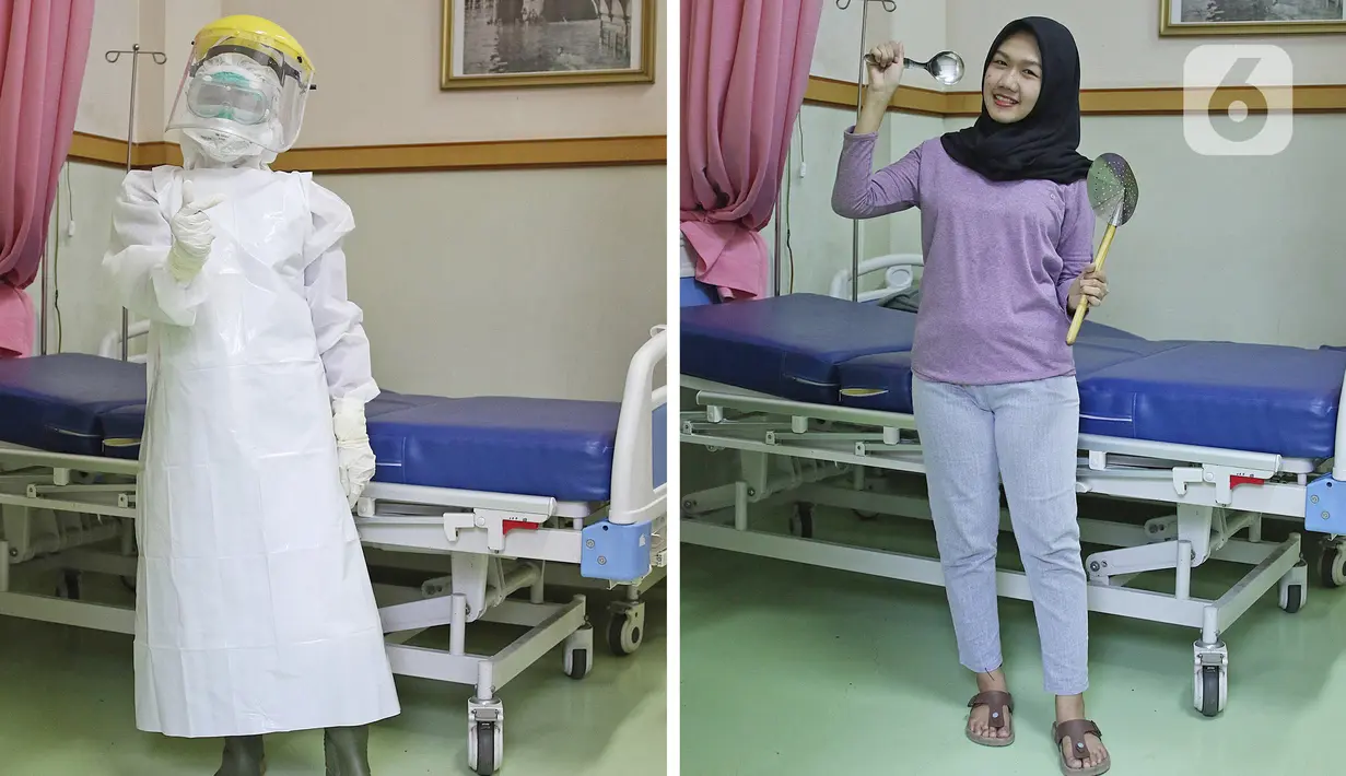 Perawat Maria Ulfa (23) berpose dengan Alat Perlindung Diri (APD) dan alat masak saat di jumpai di Rumah Sakit Jati Sampurna, Bekasi, Jawa Barat. Maria selain menangani pasien Covid-19 ia mempunyai hobi memasak. (Liputan6.com/Herman Zakharia)