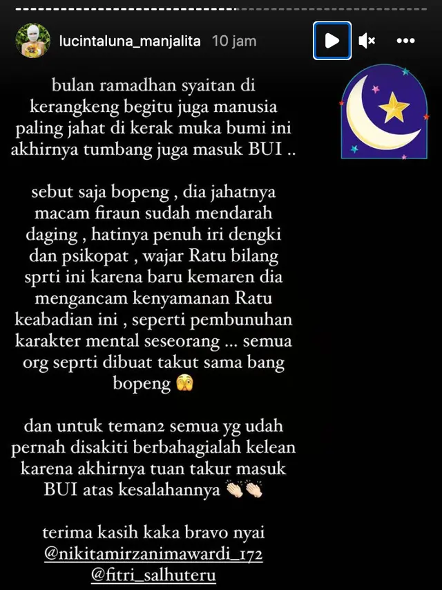Unggahan Lucinta Luna. (Foto: Dok. Instagram @lucintaluna_manjalita)