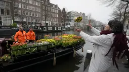 Seorang wanita menangkap buket bunga tulip gratis di Amsterdam, Belanda, Sabtu (15/1/2022). Suasana ibu kota Belanda semakin diringankan oleh garis-garis warna dalam bentuk dari ribuan tandan tulip gratis yang dibagikan para petani yang berlayar dengan perahu melalui kanal. (AP Photo/Peter Dejong)