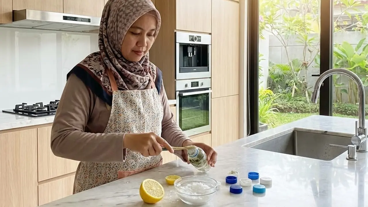 Membersihkan tutup botol berjamur dengan larutan lemon dan garam (Gemini AI)