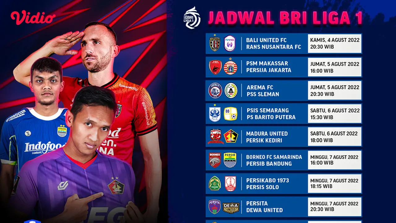 Jadwal dan Live Streaming BRI Liga 1 2022/2023 Pekan Ketiga di Vidio, 4-7 Agustus 2022