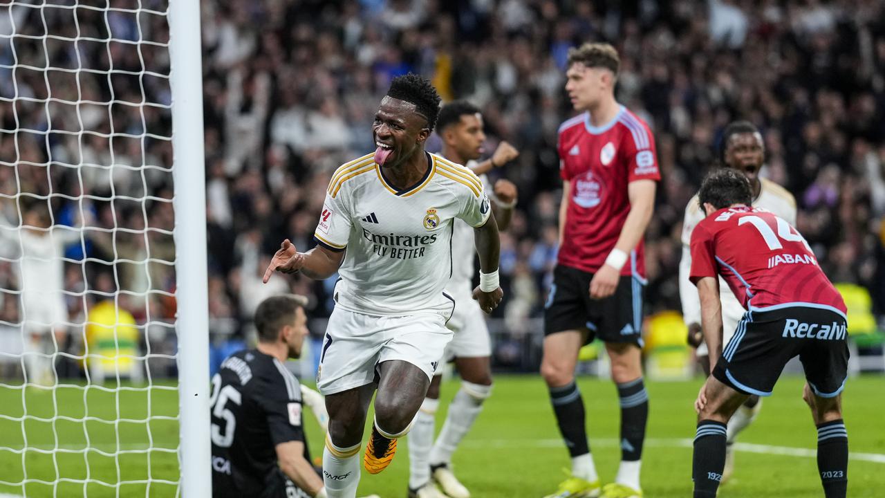 Vinicius merayakan gol saat Real Madrid menghajar Celta Vigo di lanjutan LaLiga
