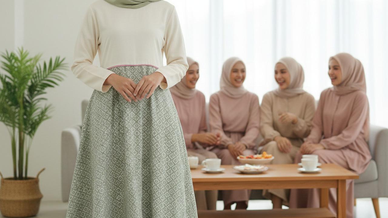 Gamis Batik Kombinasi Polos untuk Arisan Wanita