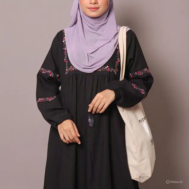 Dress Hitam Loose dengan Aksen Bordir dan Hijab Lavender