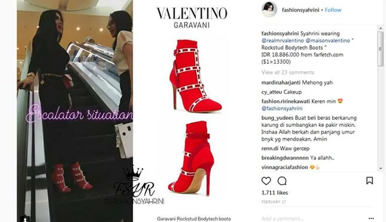 High heels berwarna merah dan sangat memukau ini memang sangat mewah dipakai oleh seorang Syahrini. Tak heran jika harganya juga cukup mengejutkan. Untuk memilikinya, Syahrini harus mengeluarkan uang Rp. 18.886.000. (Instagram/fashionsyahrini)