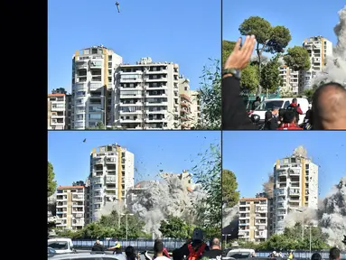 Foto kombinasi yang dibuat pada 22 Oktober 2024 menunjukkan saat sebuah roket yang ditembakkan oleh pesawat tempur Israel menghantam sebuah bangunan di pinggiran selatan Beirut, Shayah, pada Selasa 22 Oktober 2024. (Fadel ITANI/AFP)
