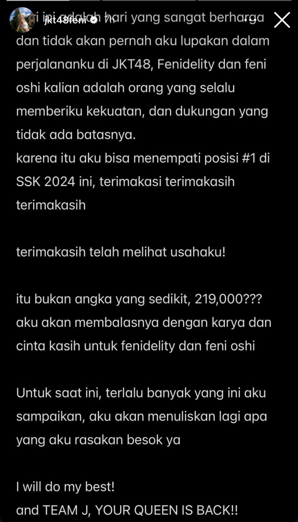 7 Potret Feni JKT48 Jadi Juara di Senbatsu Sousenkyo 2024, Perjuangan dan Dukungan Fans