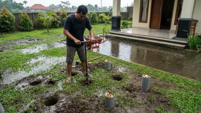 Ilustrasi Pembuatan Lubang Biopori, Solusi Teras Rumah Becek Saat Musim Hujan/Gemini AI