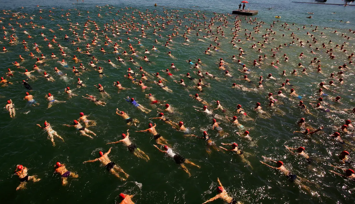 Para peserta saat mengikuti lomba berenang menyeberangi Danau Zurich, Swiss (24/8). Lomba sejauh 1,5 km ini diikuti oleh ratusan orang mulai dari anak muda hingga orang tua. (REUTERS/Arnd Wiegmann)