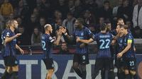 Selebrasi Marcus Thuram dkk. dalam laga Ajax Amsterdam vs Inter Milan di Liga Champions 2025/2026, Kamis (18/9/2025). (AP Photo/Patrick Post)