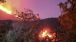 Aliran lava dari Gunung Berapi Pacaya di desa Patrocinio, San Vicente Pacaya, sekitar 60 kilometer selatan kota Guatemala pada Kamis (25/3/2021). Sejak awal Februari 2021 lalu, aktivitas Gunung Pacaya dilaporkan terus aktif. (Johan ORDONEZ / AFP)