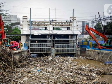 Petugas dibantu alat berat membersihkan sampah kayu dan bambu yang tersangkut di Pintu Air Manggarai, Jakarta, Rabu (9/10/2019). Sekitar 80 ton sampah sudah diangkut menggunakan alat berat. (Liputan6.com/Faizal Fanani)