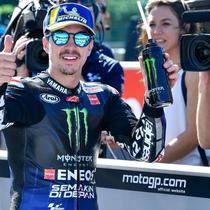 Pembalap Monster Energy Yamaha Maverick Vinales finis ketiga dalam balapan MotoGP San Marino di Sirkuit Misano, Italia, Minggu (15/9/2019).(Alessio Marini/ANSA via AP)