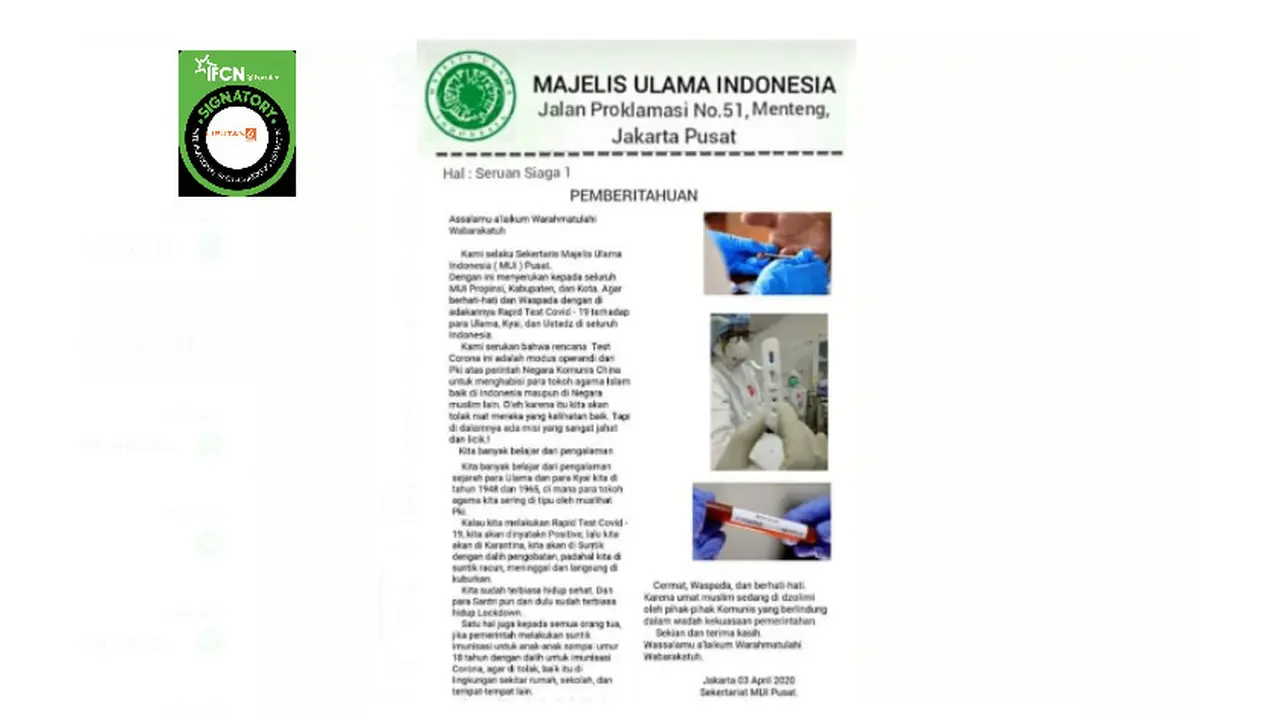 Cek Fakta Liputan6.com menelusuri klaim surat seruan MUI penolakan rapid tes pada ulama dan vaksin Covid-19 untuk anak