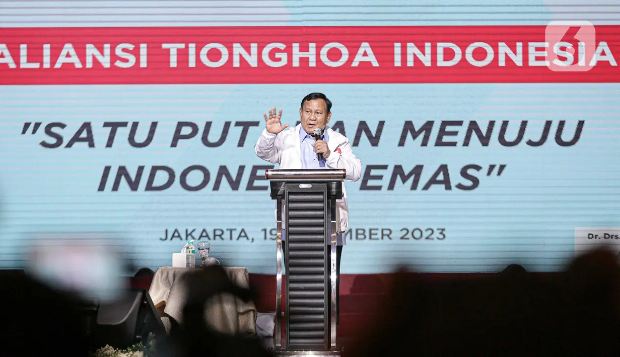 Calon presiden nomor urut 2 Prabowo Subianto menghadiri Silaturahmi dan Gala Dinner Aliansi Tionghoa Indonesia “Satu Putaran Menuju Indonesia Emas” di Jakarta, Selasa (19/12/2023). (Liputan6.com/Faizal Fanani)