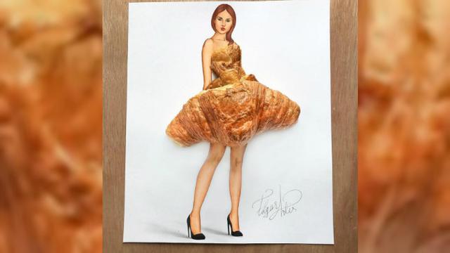 Seorang perancang busana memberi sentuhan kreatif dengan menambahkan makanan-makanan tertentu pada sketsa baju yang dibuatnya.
