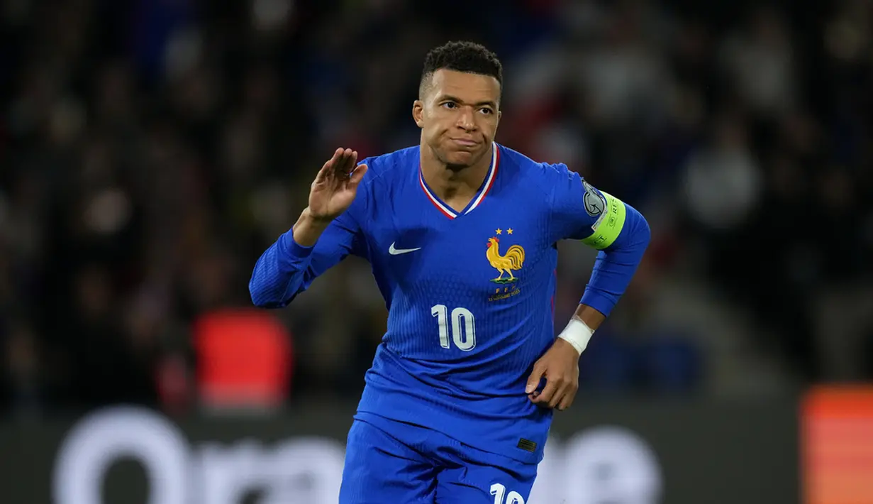 <p>Selebrasi gol Kylian Mbappe pada laga Timnas Prancis melawan Timnas Ukraina di Kualifikasi Piala Dunia 2026 zona Eropa -&nbsp;AP Photo/Christophe Ena</p>