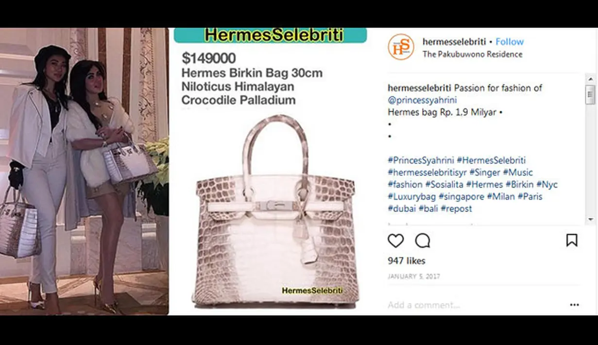 Bukan hal aneh bagi Syahrini dengan harga tasnya yang super mahal. Kali ini Syahrini memakai tas keluaran Hermes yang harganya mencapai 1,9 Milyar rupiah. (Instagram/hermesselebriti)