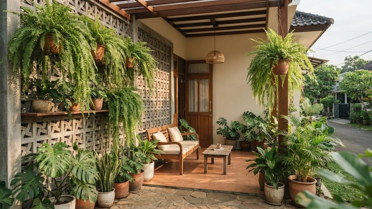 7 Kombinasi Roster Beton dan Tanaman Hias Berdaun Lebat untuk Teras Rumah yang Adem