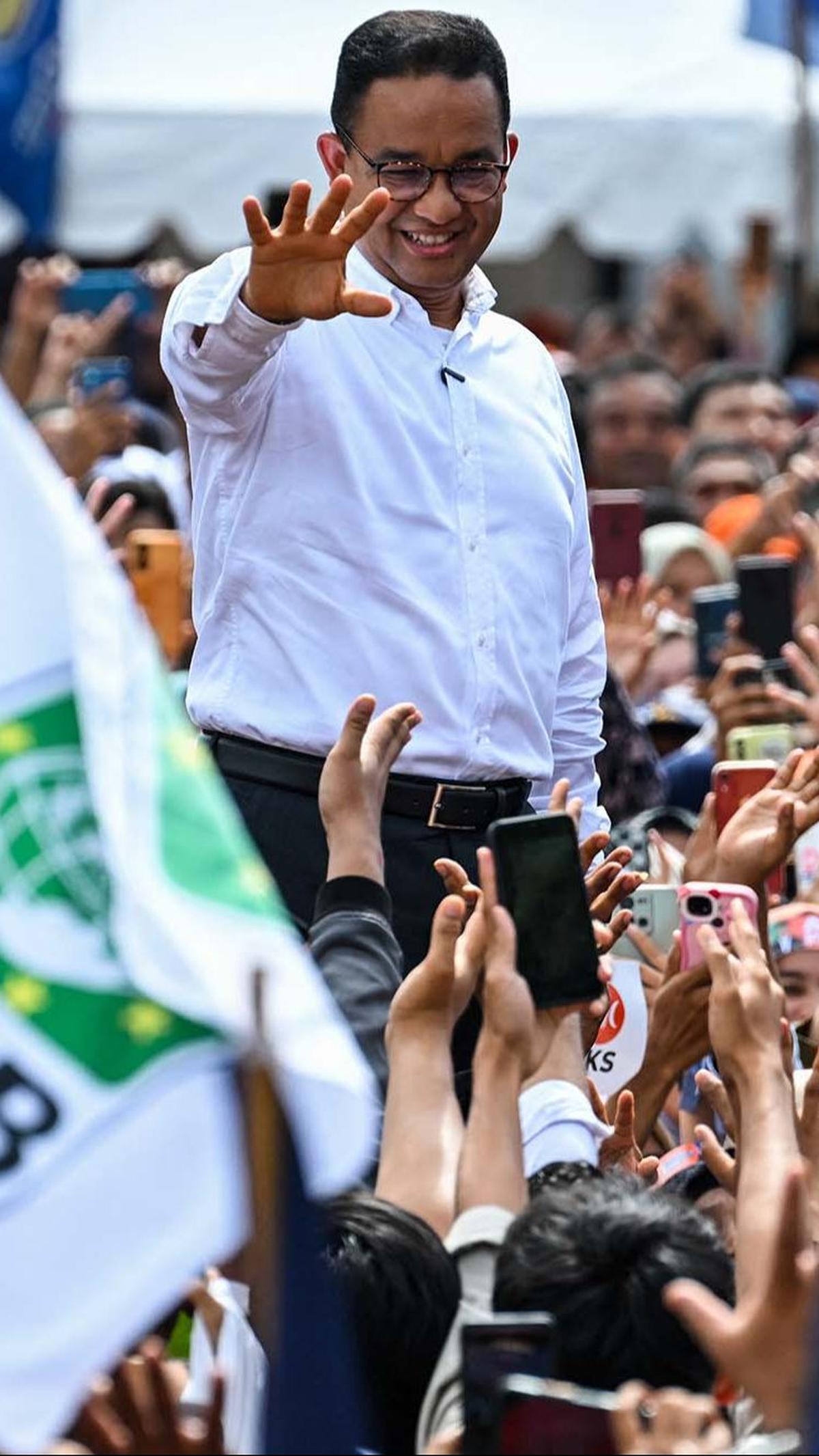 Di depan masyarakat Aceh, Anies Baswedan menyerukan semangat perubahan untuk mewujudkan Indonesia adil dan makmur untuk semua.&nbsp;Foto: Chaideer Mahyuddin/AFP